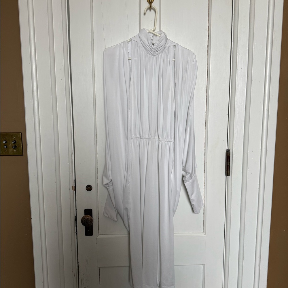 Elegant White High-Neck Dress with Matching Batwing Jacket